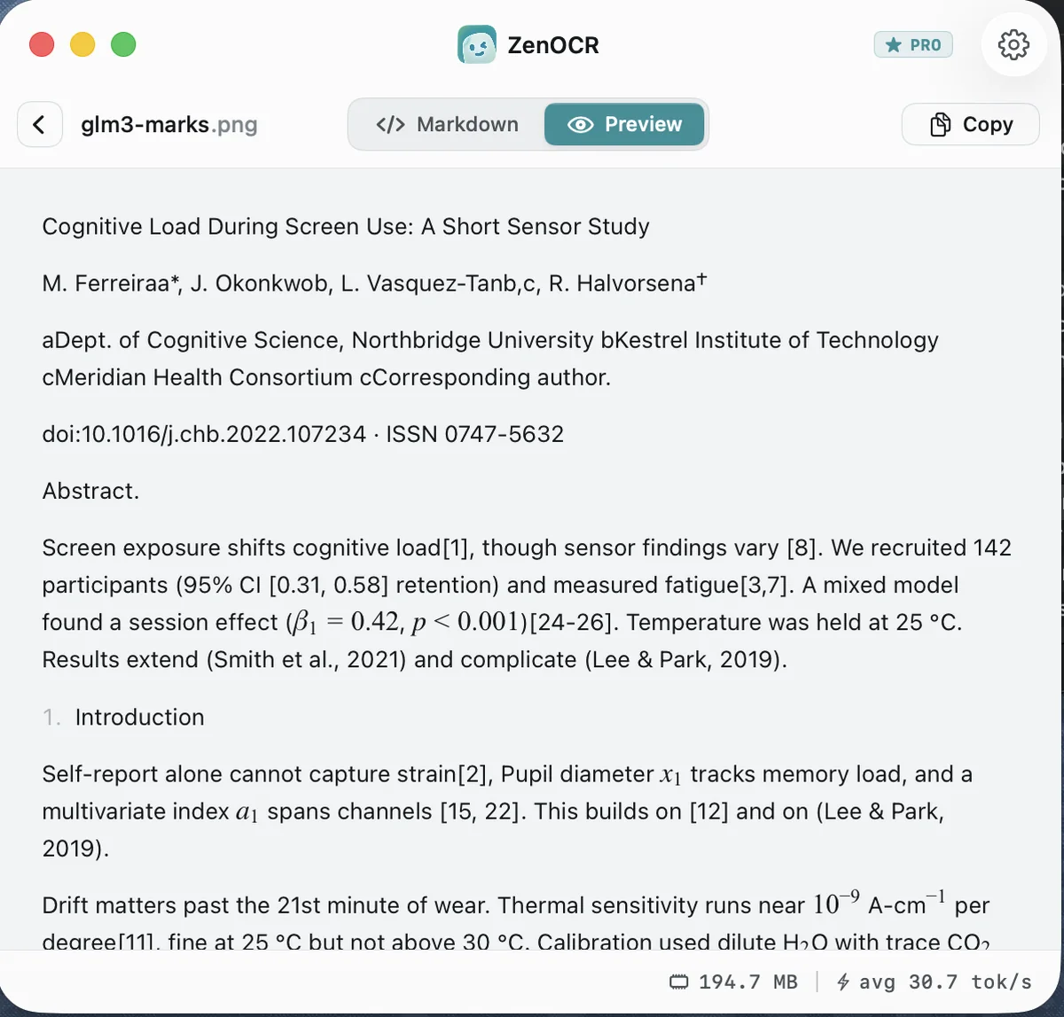 ZenOCR window showing the paper abstract with citation markers and a beta coefficient