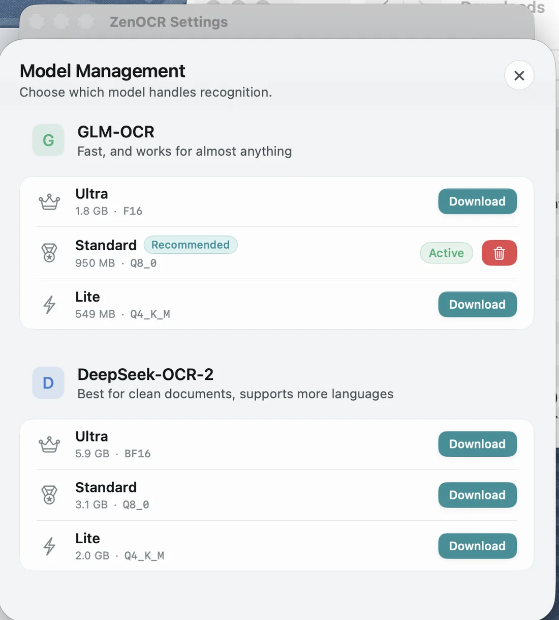 ZenOCR Model Management panel listing GLM-OCR and DeepSeek-OCR-2 in Ultra, Standard and Lite sizes