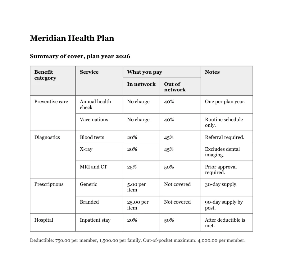 Benefits table with a header spanning two columns and row labels spanning multiple rows