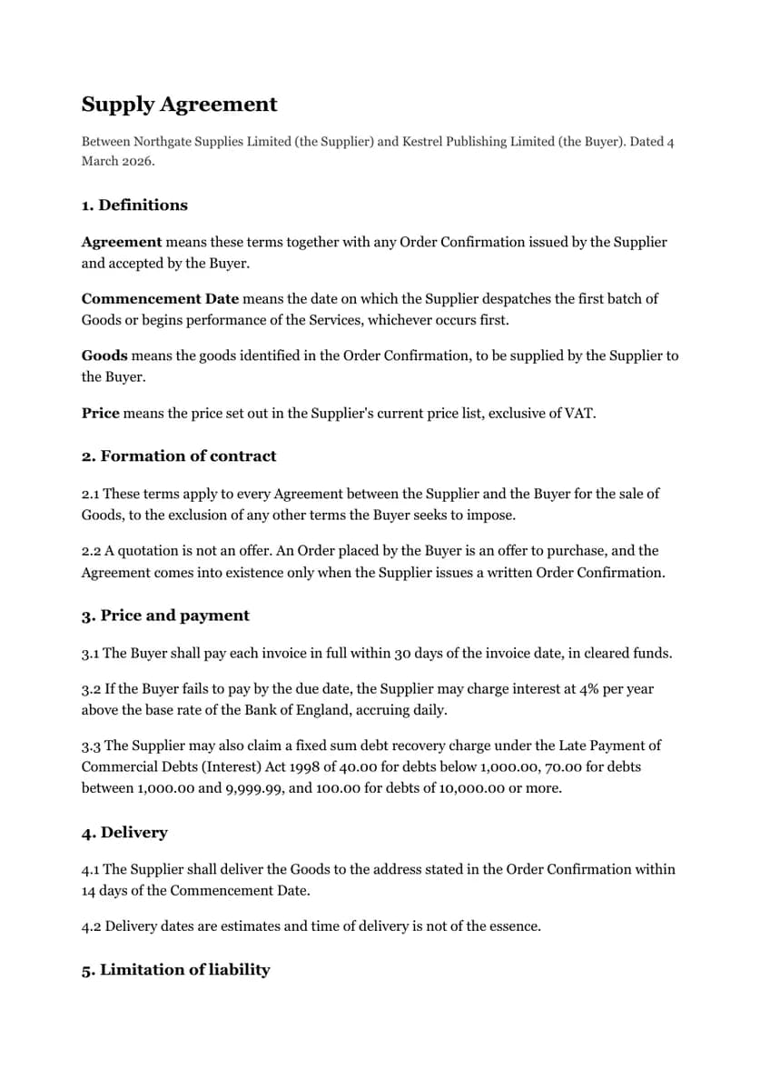 Supply agreement page with numbered clauses, defined terms and a signature block