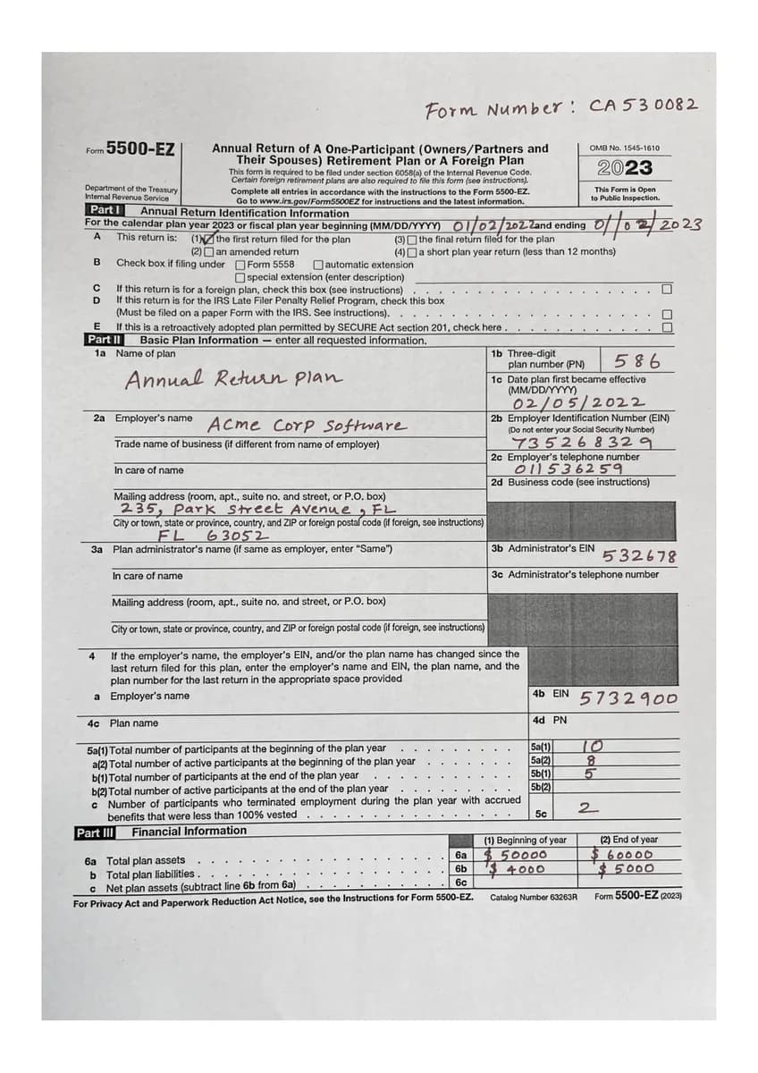 Photographed IRS Form 5500-EZ with handwritten values filled into the printed fields