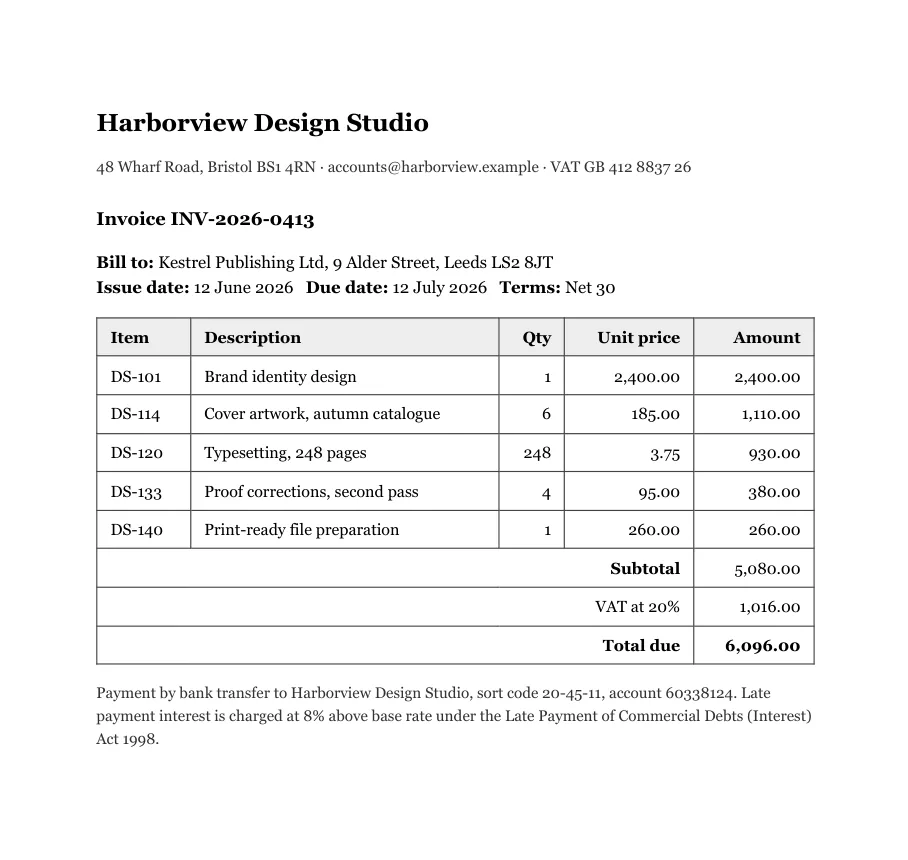Invoice page with a five column line item table and subtotal, VAT and total rows