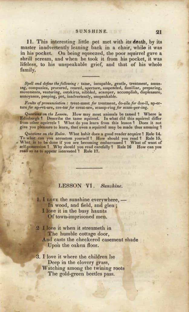 Old book page with a large brown stain and visible bleed-through from the reverse side