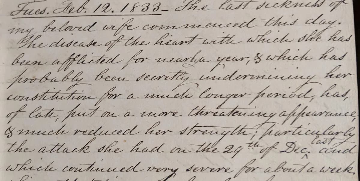 Dense paragraph of 1833 cursive describing an illness, with an interlinear caret insertion