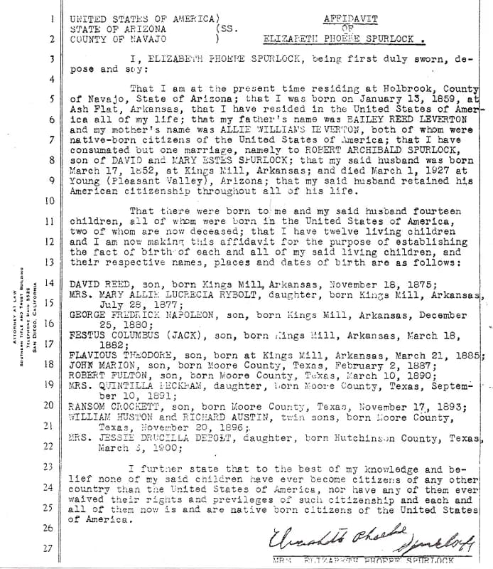 Scanned typewritten 1927 affidavit with numbered margin lines and a handwritten signature