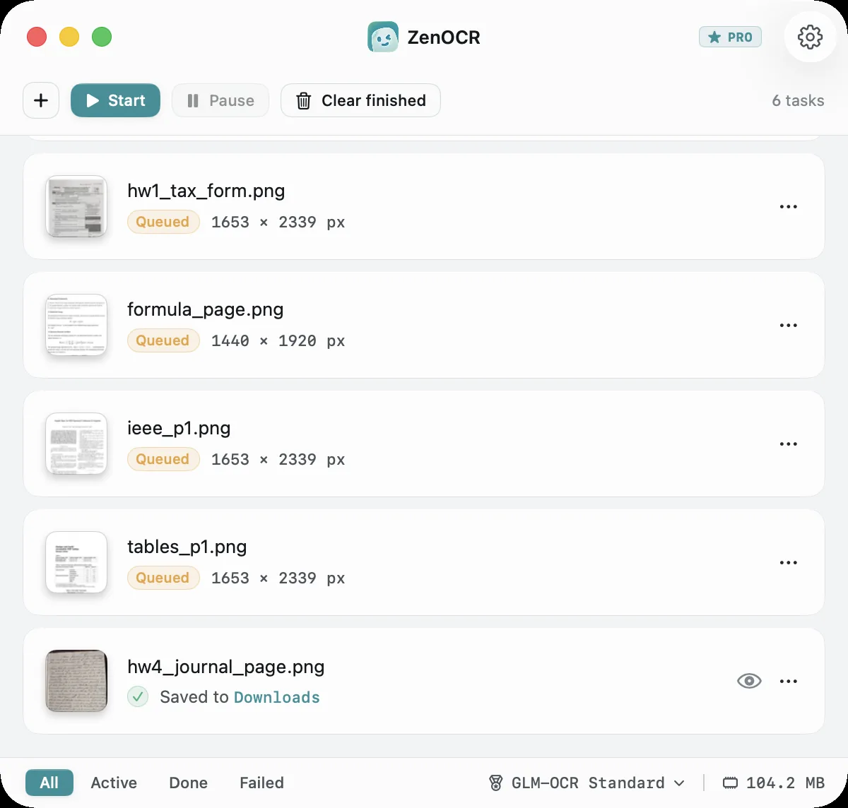 ZenOCR window listing six queued files each labelled Queued with pixel dimensions
