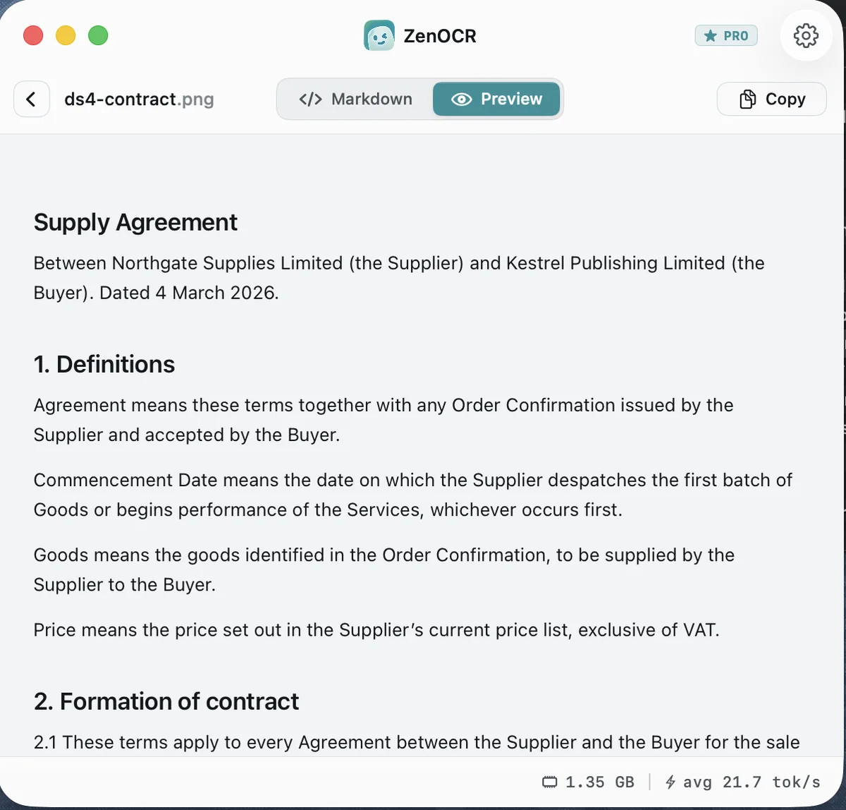 ZenOCR window showing the supply agreement transcribed with numbered clauses and defined terms