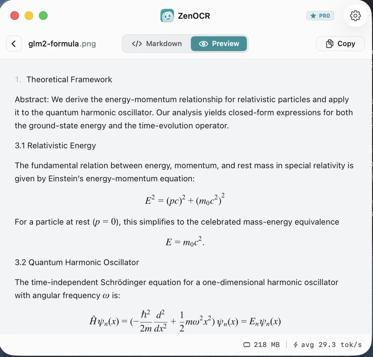 ZenOCR window showing the equation page with the Schrodinger equation rendered as real maths