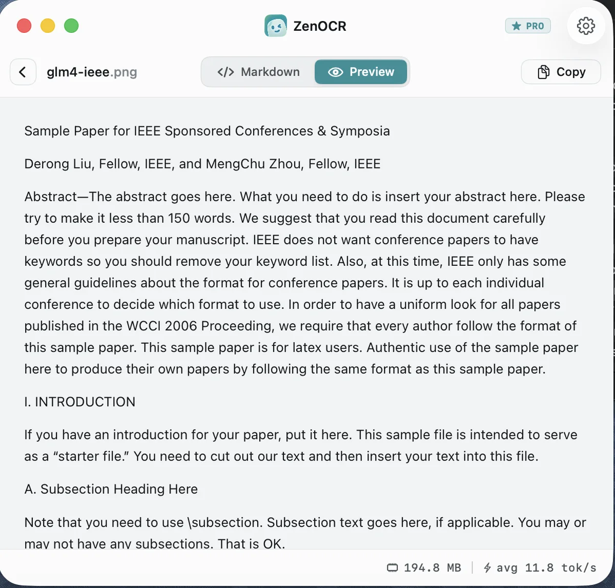 ZenOCR window showing the IEEE conference paper transcribed with its title and abstract