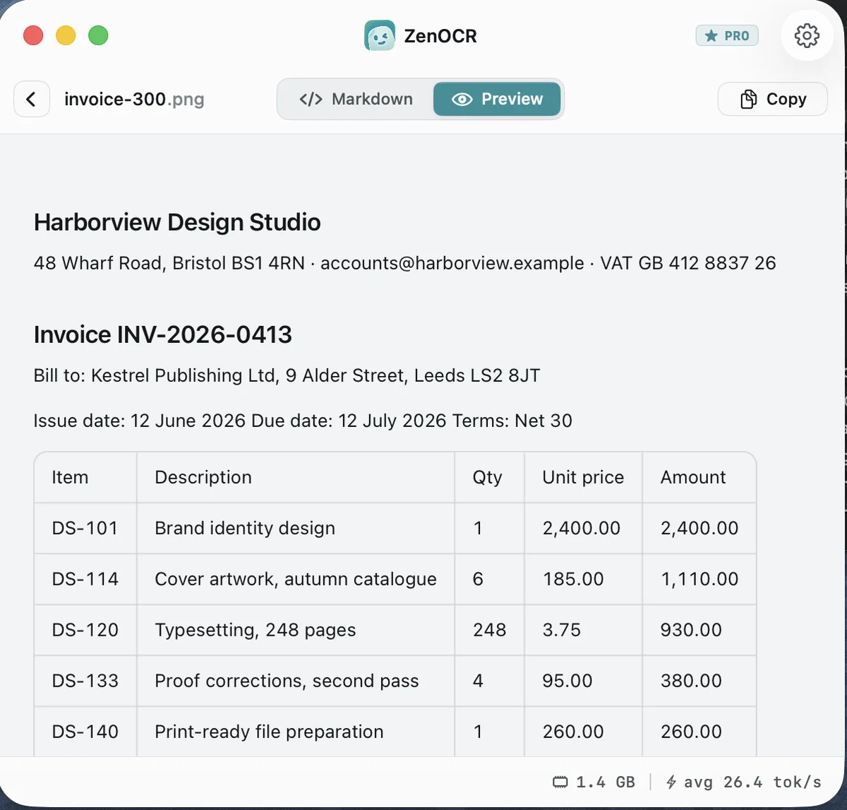 ZenOCR window showing the invoice rebuilt as a real table with item codes, quantities and amounts in columns