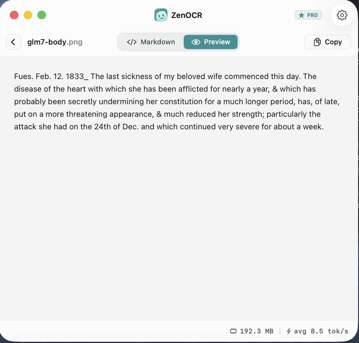 ZenOCR window showing the 1833 journal body paragraph transcribed