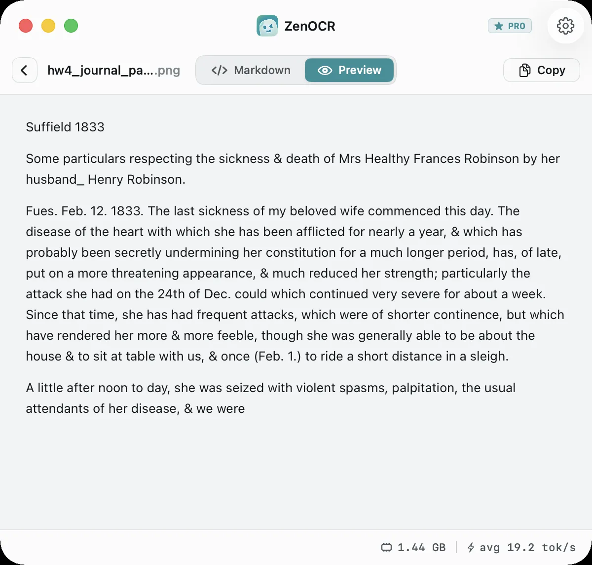 ZenOCR app window showing the transcribed 1833 journal page in its preview pane