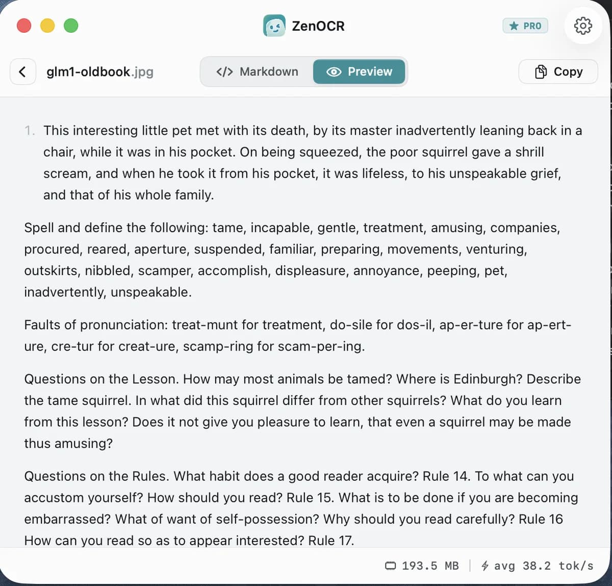ZenOCR window showing the old book page transcribed into clean paragraphs