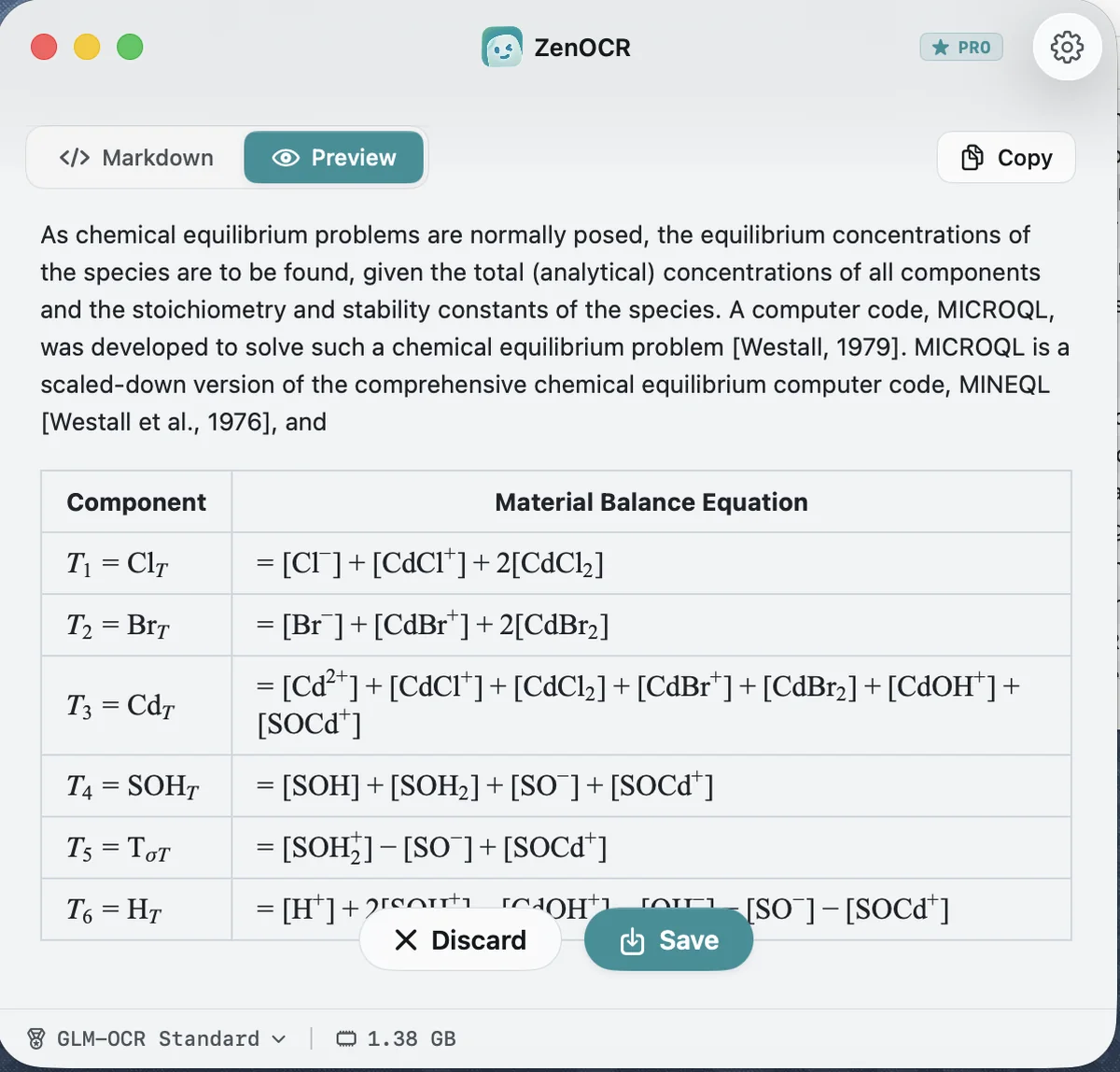 ZenOCR window showing the reconstructed table with correct subscripts and superscripts